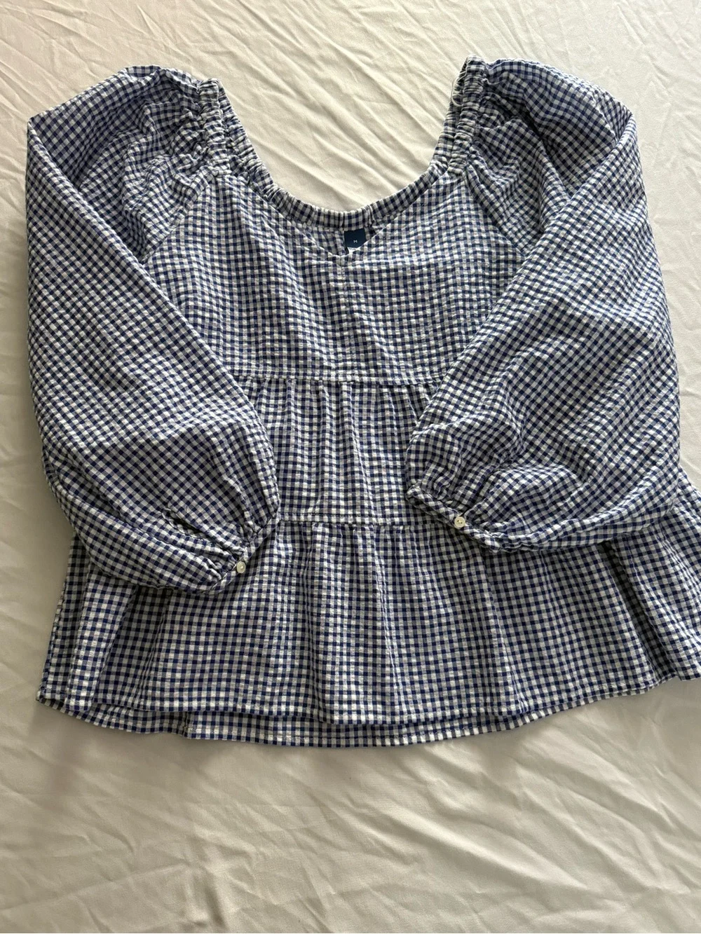 Old Navy Blue and White Gingham Puff-Sleeve Peasant Blouse